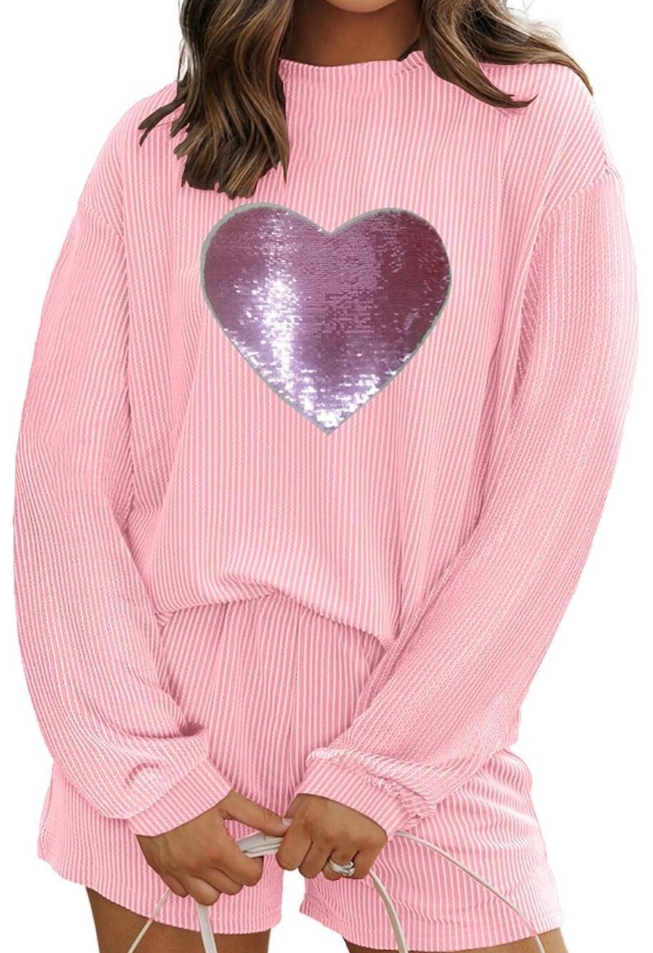 NWT Deer Lady 2 Pc Women Fall Lounge Outfits Ribbed LS Top & Shorts Sz L Pink